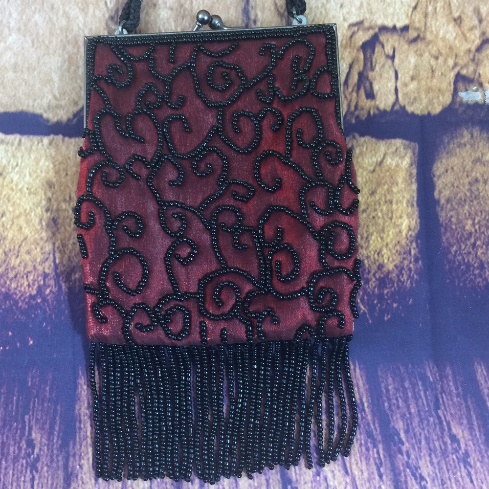Lance Beaded Small Purse Bag Burgundy E4